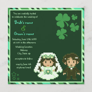 8-bits Bride & Groom - Green Wedding Invitations Kaart