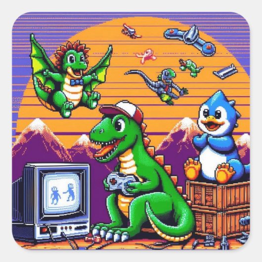 8-bits dinosaurussen die videospellen spelen vierkante sticker (Voorkant)