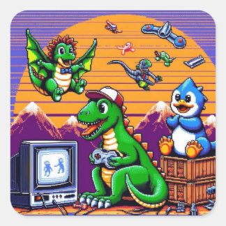 8-bits dinosaurussen die videospellen spelen vierkante sticker
