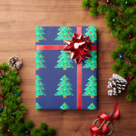 8-bits groene kerstboom met blauwe achtergrond cadeaupapier