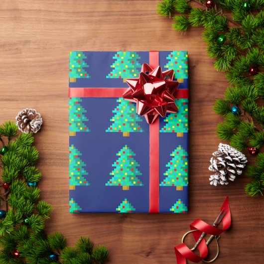 8-bits groene kerstboom met blauwe achtergrond cadeaupapier (Feestdagen Geschenken)