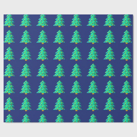 8-bits groene kerstboom met blauwe achtergrond cadeaupapier (Vlak)
