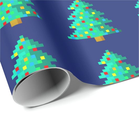 8-bits groene kerstboom met blauwe achtergrond cadeaupapier (Rol Hoek)