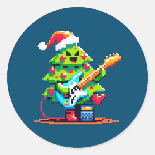 8-bits kerstboom muzikaal vakantieontwerp ronde sticker (Voorkant)