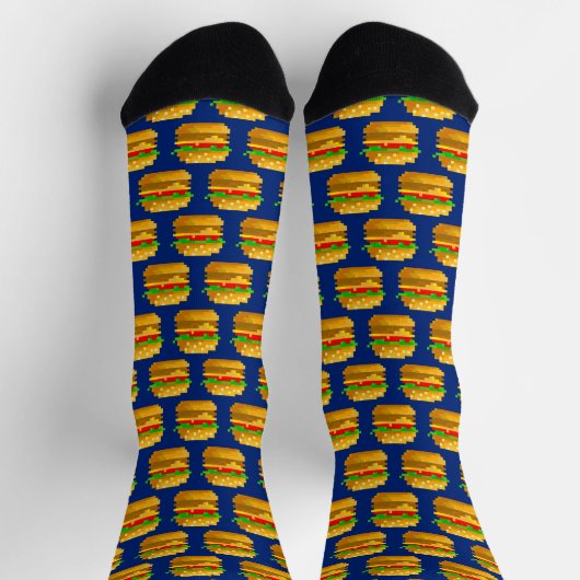 8-bits Pixel Art Burger Fun Quirky Geeky Navy Blue Sokken (Top)