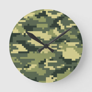 8-bits Pixel Digital Woodland Camouflage / Camo Ronde Klok