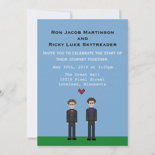 8-bits Pixel Gay Gamer Groom & Groom Wedding Invit Kaart (Voorkant)