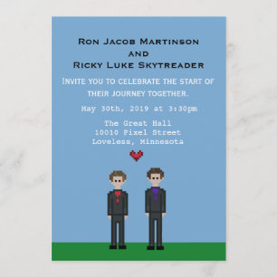 8-bits Pixel Gay Gamer Groom & Groom Wedding Invit Kaart