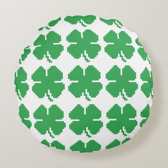 8-bits Pixel Lucky Four Leaf Clover Rond Kussen (Voorkant)