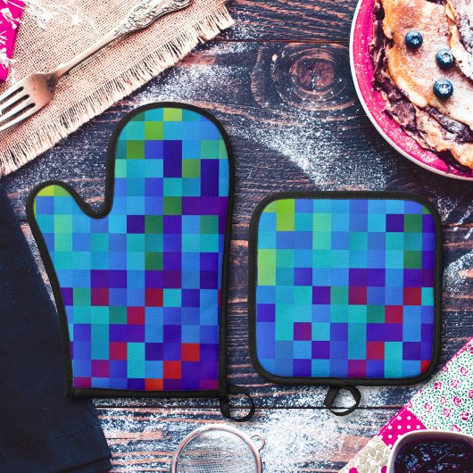 8-bits pixelpatroon abstract koele geeky blauwe ro ovenwant & pannenlap set
