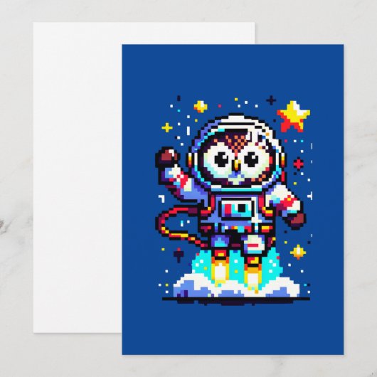 8-bits Uil Astronaut - Retro Pixel Space Explorer Feestdagenkaart (Voorkant / Achterkant)