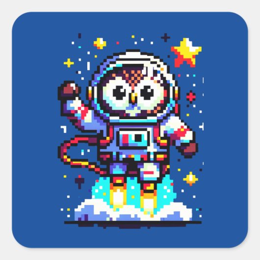 8-bits Uil Astronaut - Retro Pixel Space Explorer Vierkante Sticker (Voorkant)