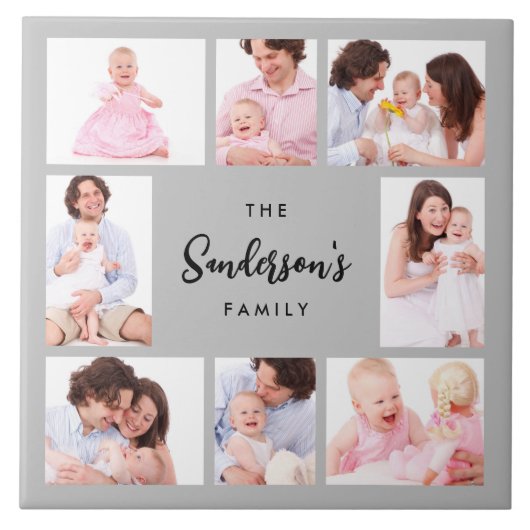 8-delige familiefoto in grijze lijst tegeltje (Voorkant)