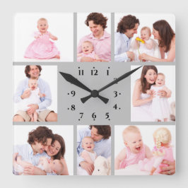 8-delige familiefoto in grijze lijst vierkante klok