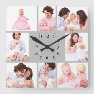 8-delige familiefoto in grijze lijst vierkante klok