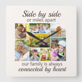 8 familiefotocollage verbonden door hart vierkante klok