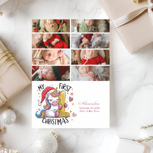 8 Foto 1e Kerst Baby Roze Gouden Eenhoorn Feestdagenkaart