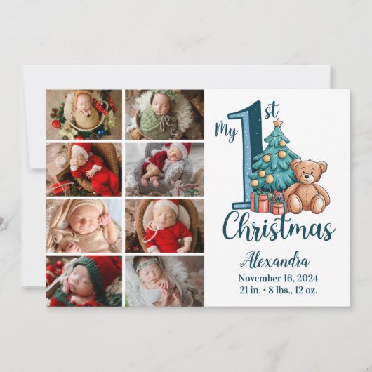 8 Foto Blue Teddy Baby 1st Christmas Feestdagenkaart (Voorkant)