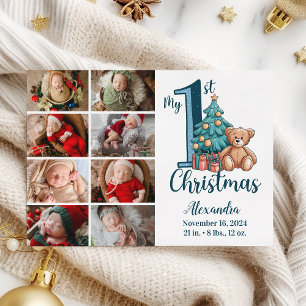 8 Foto Blue Teddy Baby 1st Christmas Feestdagenkaart