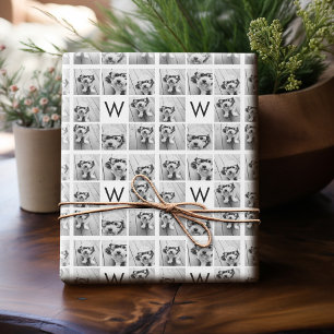 8 Foto Collage Aangepaste Initiaal Zwart en Wit Cadeaupapier