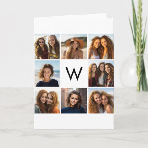 8 Foto Collage Aangepaste Initiaal Zwart en Wit Notitiekaartje