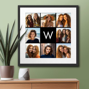 8 Foto Collage Aangepaste Initiaal Zwart en Wit Poster