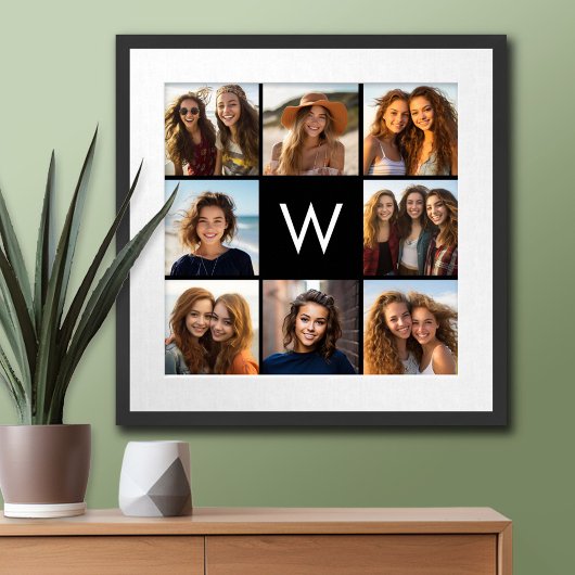 8 Foto Collage Aangepaste Initiaal Zwart en Wit Poster