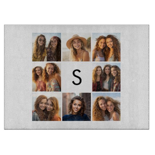 8 Foto Collage Aangepaste Initiaal Zwart en Wit Snijplank (Voorkant)