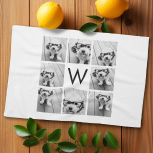 8 Foto Collage Aangepaste Initiaal Zwart en Wit Theedoek