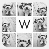 8 Foto Collage Aangepaste Initiaal Zwart en Wit Vierkante Sticker (Voorkant)