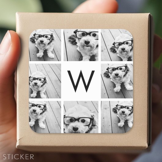 8 Foto Collage Aangepaste Initiaal Zwart en Wit Vierkante Sticker