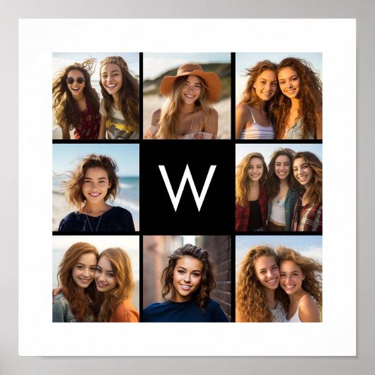 8 Foto Collage Custom Monogram Black en White Poster (Voorkant)