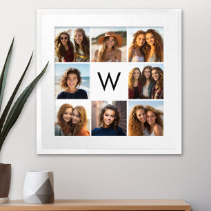 8 Foto Collage Custom Monogram Black en White Poster