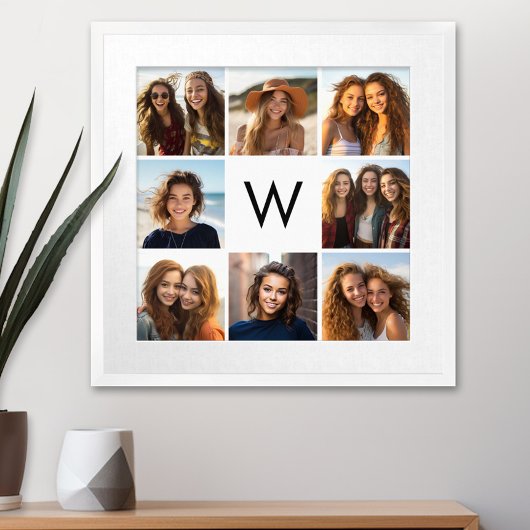 8 Foto Collage Custom Monogram Black en White Poster