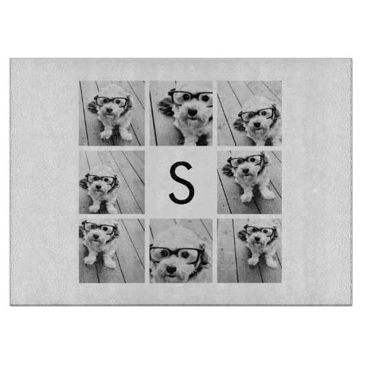8 Foto Collage Custom Monogram Black en White Snijplank (Voorkant)