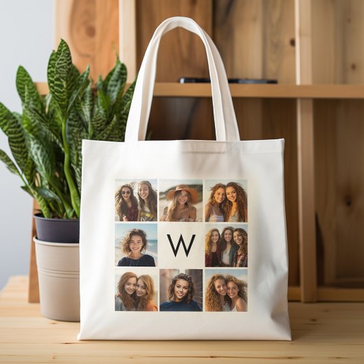8 Foto Collage Custom Monogram Black en White Tote Bag