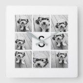 8 Foto Collage Custom Monogram Black en White Vierkante Klok (Voorkant)