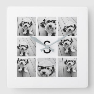 8 Foto Collage Custom Monogram Black en White Vierkante Klok