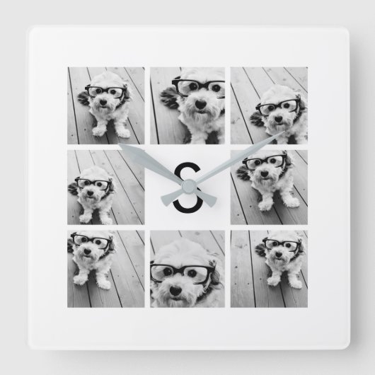 8 Foto Collage Custom Monogram Black en White Vierkante Klok (Voorkant)