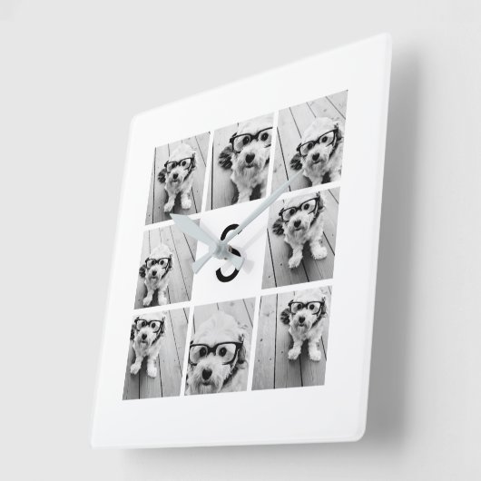 8 Foto Collage Custom Monogram Black en White Vierkante Klok (Hoek)