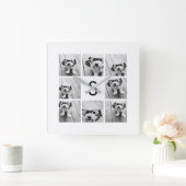 8 Foto Collage Custom Monogram Black en White Vierkante Klok (Huis)