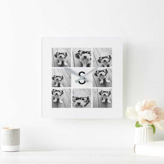 8 Foto Collage Custom Monogram Black en White Vierkante Klok (Huis)