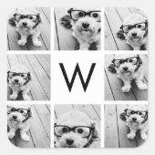 8 Foto Collage Custom Monogram Black en White Vierkante Sticker (Voorkant)