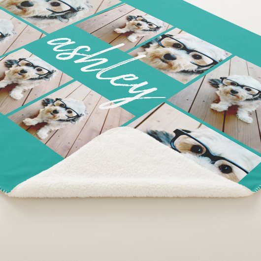 8 Foto Collage en Handgeschreven naam blauw Sherpa Deken (3/4)