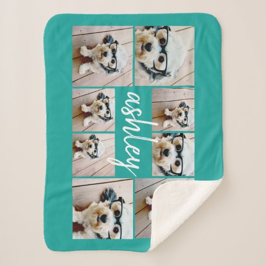 8 Foto Collage en Handgeschreven naam blauw Sherpa Deken (Voorkant)