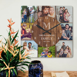 8 Foto Collage Familie Monogram & Naam Rustiek Hou Vierkante Klok