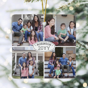 8 Foto Collage Familienaam & Jaar Eenvoudig wit Keramisch Ornament