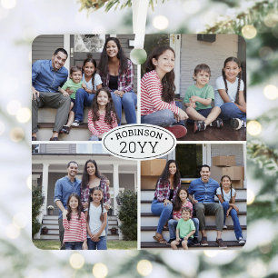 8 Foto Collage Familienaam & Jaar Eenvoudig wit Metalen Ornament