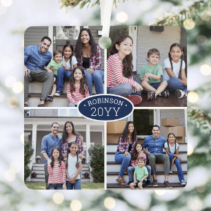 8 Foto Collage Familienaam & Year Navy Blue White Metalen Ornament