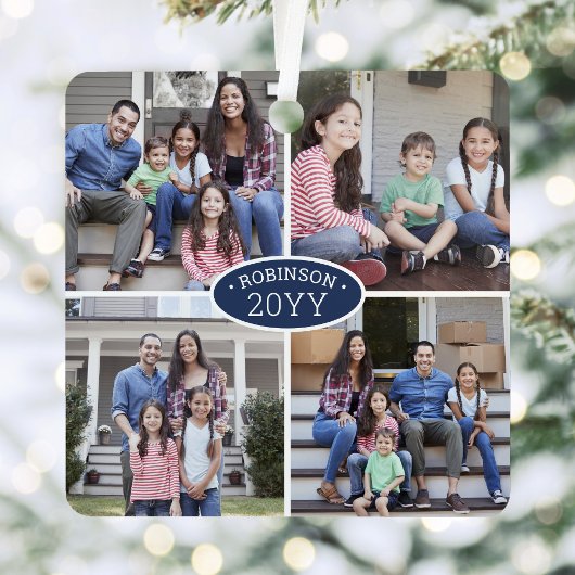 8 Foto Collage Familienaam & Year Navy Blue White Metalen Ornament